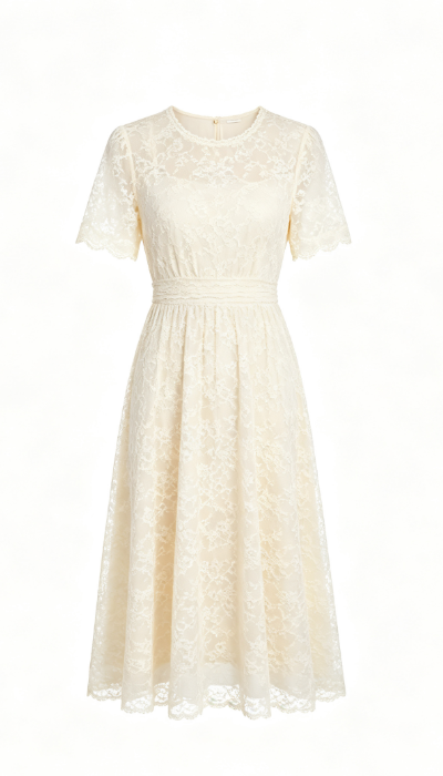 Cream White Lace Short‑Sleeve Midi Dress