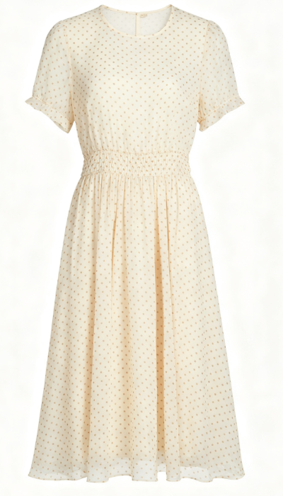 Cream White Polka Dot Short-Sleeve Dress