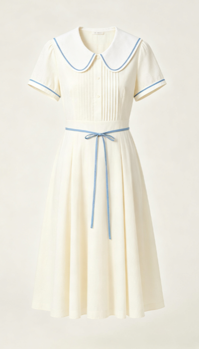 Cream White Peter Pan Collar Dress with Blue Trim
