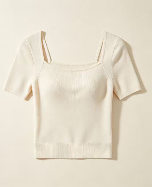 Minimalist Cream Short‑Sleeve Knit Crop Blouse