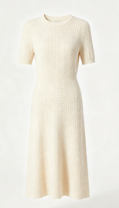 Cream White Short-Sleeve Knit Dress