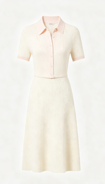 Cream White Pink Short‑Sleeve Shirt Collar Knit Dress